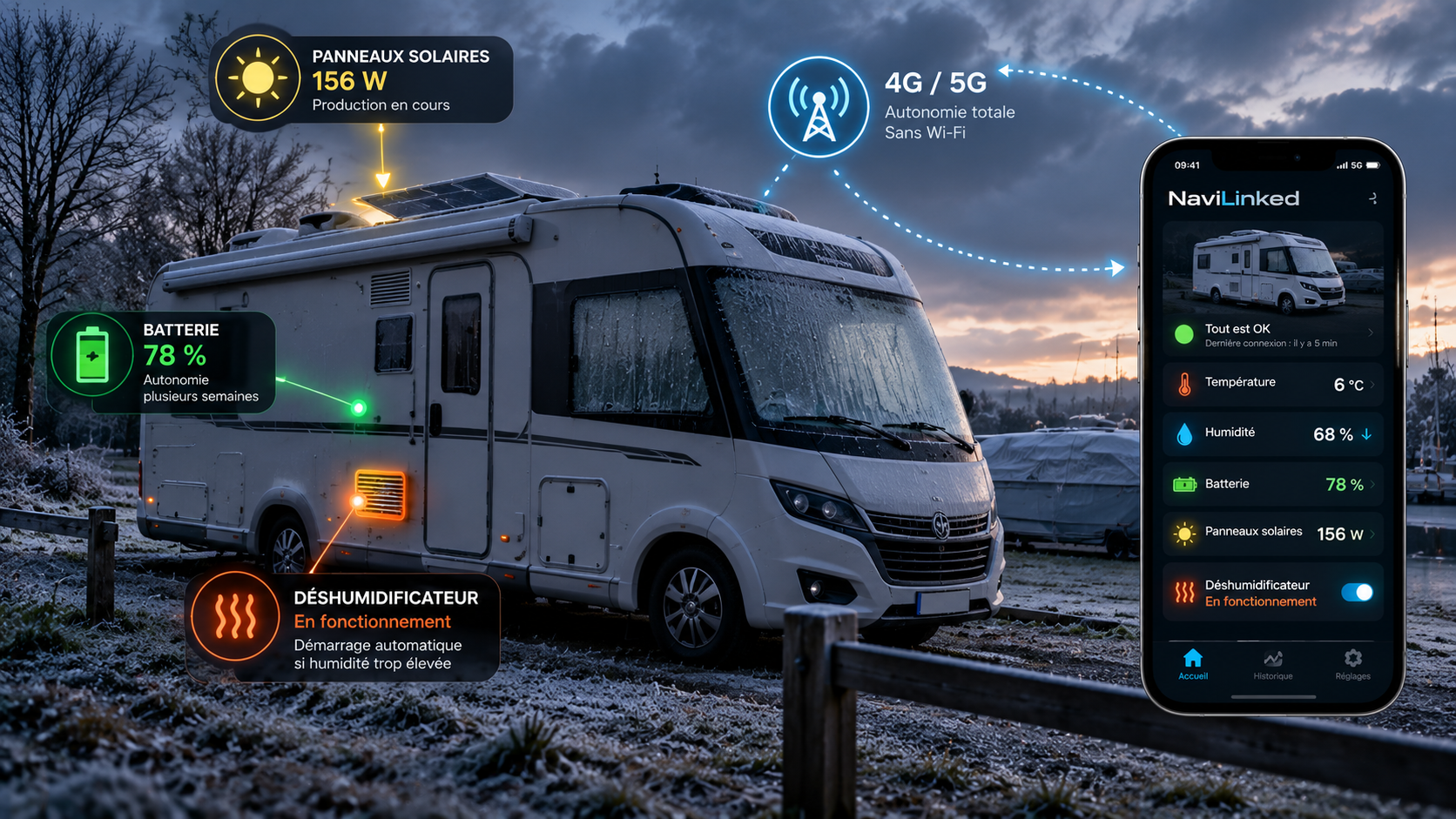 Camping-car en hivernage équipé de NaviLinked