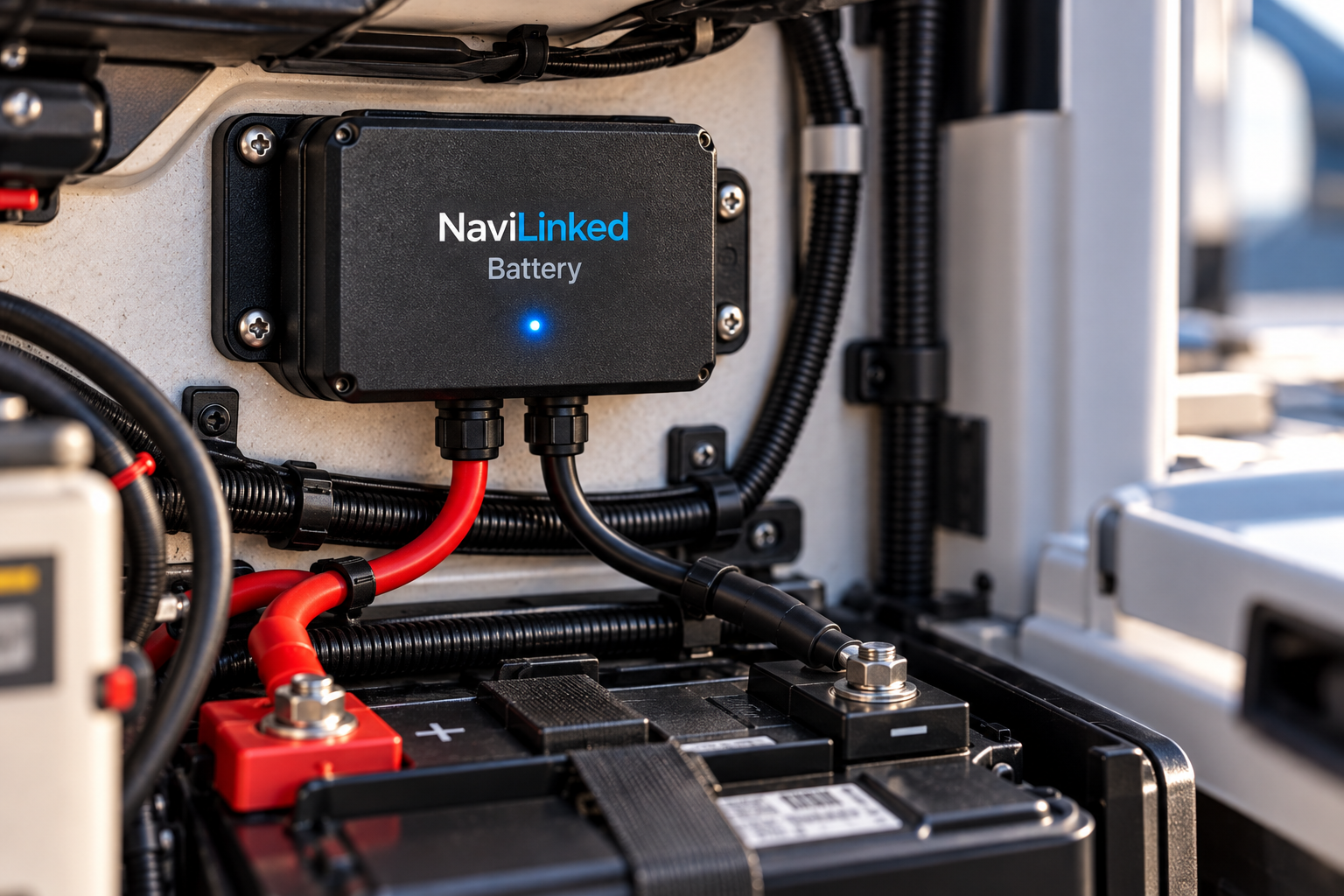 Module NaviLinked Battery raccordé à une batterie