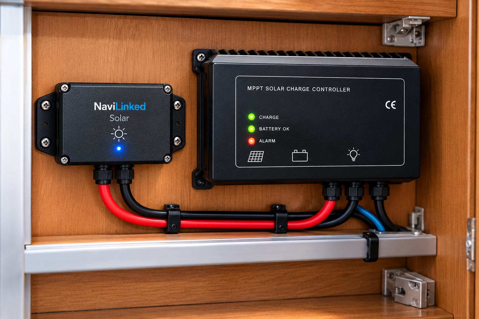 Module NaviLinked Solar raccordé à un régulateur solaire